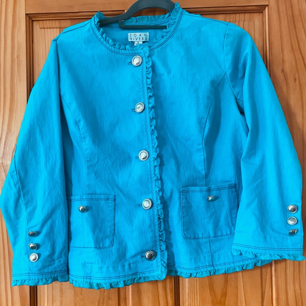 Joan Rivers Teal Cotton Blend Ruffle Jacket Silver Buttons Preppy Blazer Size 10